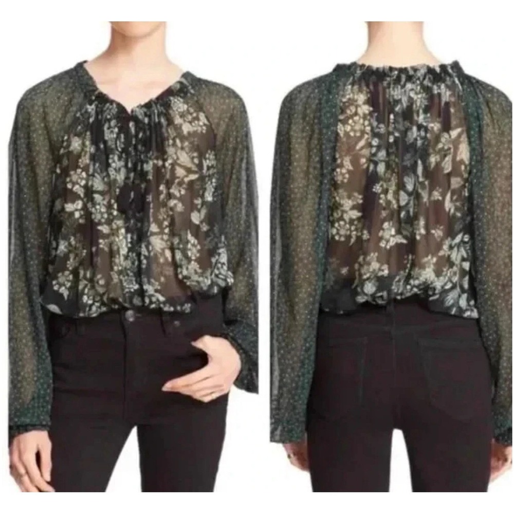 NWT‎ Free People Hendrix Sheer Floral Blouse Green Size S Boho Cottage Western